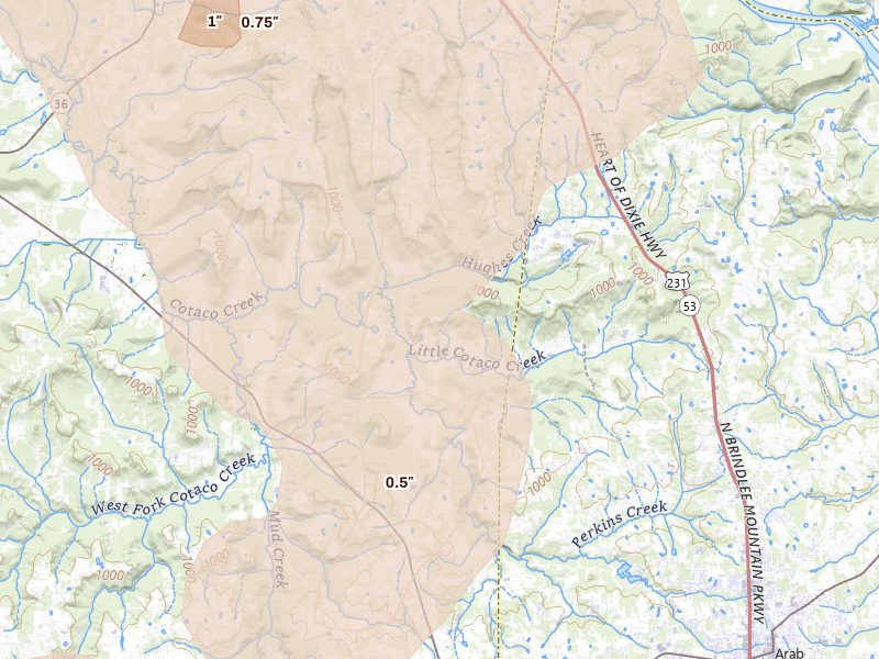 Radar-estimated hail-size map of the storm over Union Grove, AL on Aug 20, 2026