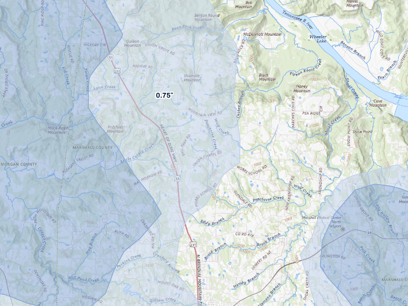 NEXRAD radar-signature map of the hail storm over Union Grove, AL on Aug 20, 2026