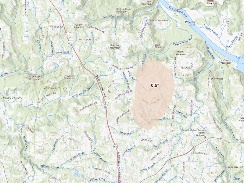 Radar-estimated hail-size map of the storm over Union Grove, AL
