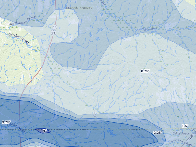NEXRAD radar-signature map of the hail over Union Springs, AL