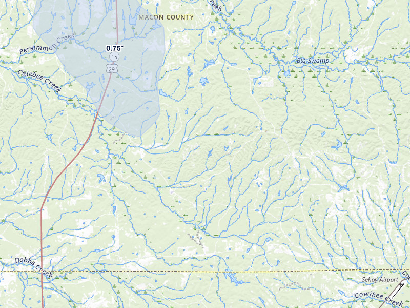 NEXRAD radar-signature map of the hail over Union Springs, AL