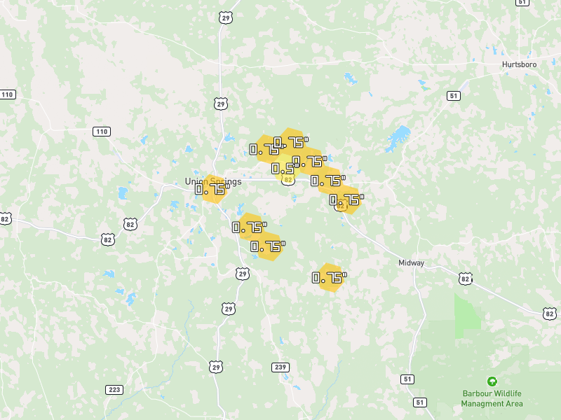 Hail map of Union Springs, AL on Jul 29, 2026, hail up to 0.75"