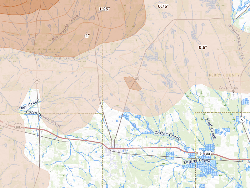 Radar-estimated hail-size map of the storm over Uniontown, AL on May 6, 2026