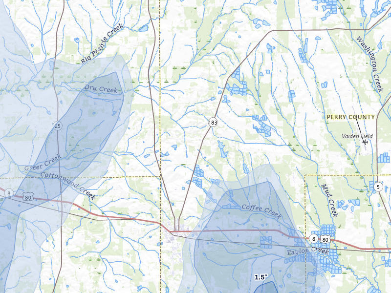 NEXRAD radar-signature map of the hail storm over Uniontown, AL on Aug 19, 2026