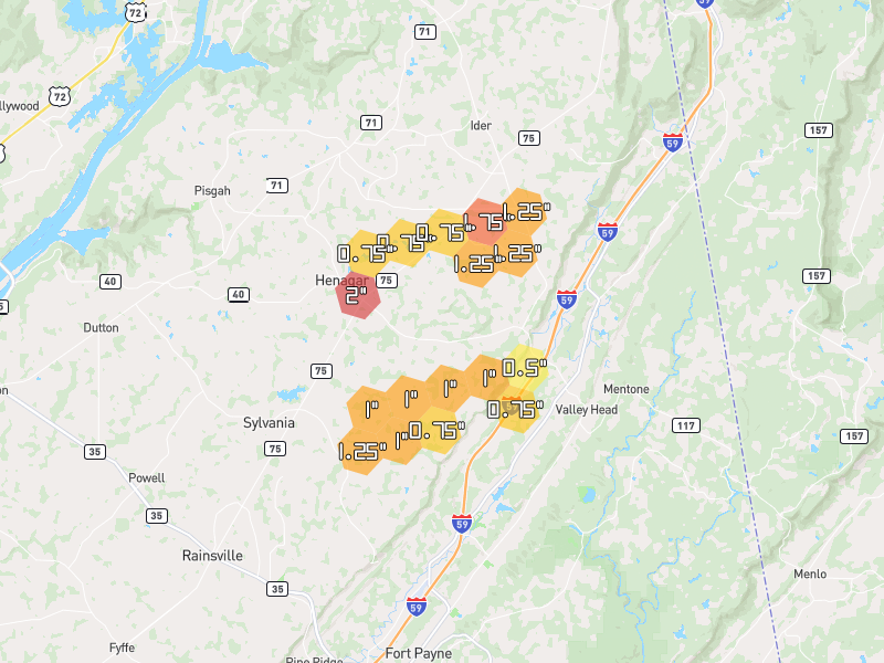 Hail map of Valley Head, AL on Jul 3, 2026, hail up to 2"