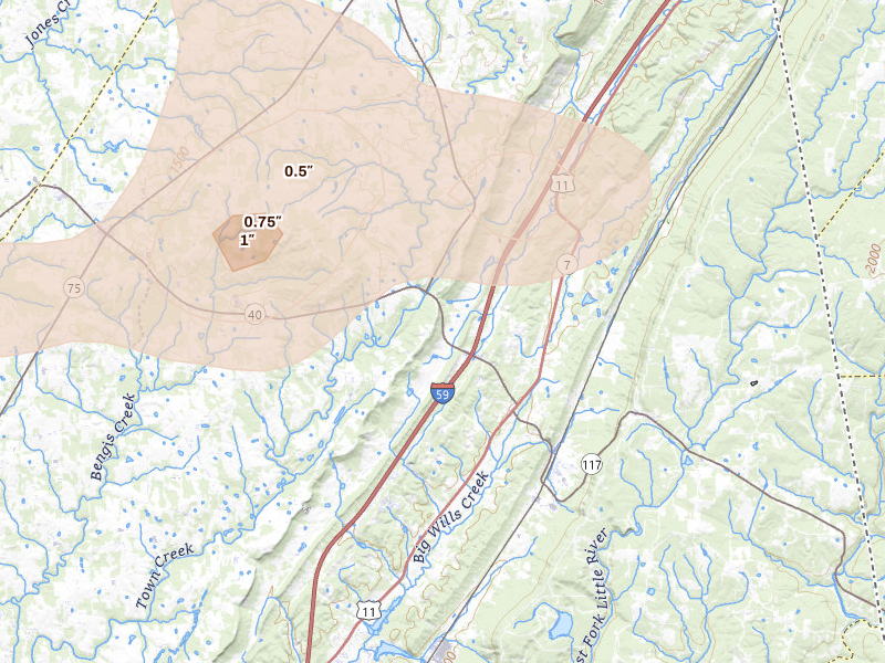 Radar-estimated hail-size map of the storm over Valley Head, AL on Aug 17, 2026