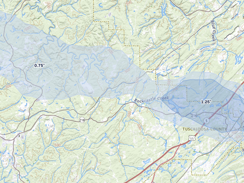 NEXRAD radar-signature map of the hail over Vance, AL