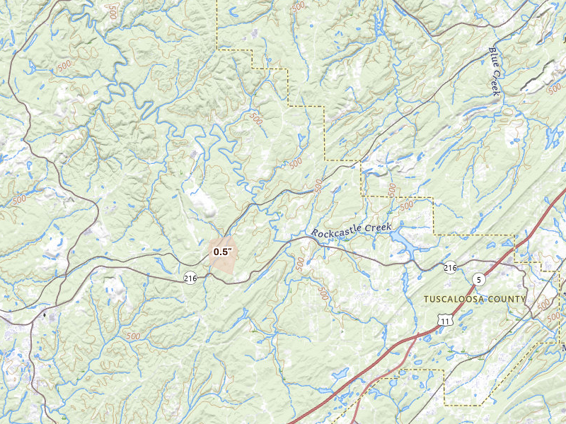 Radar-estimated hail-size map of the storm over Vance, AL on Jun 1, 2026