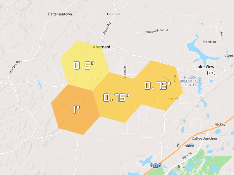 Hail map of Vance, AL on Jun 1, 2026, hail up to 1"