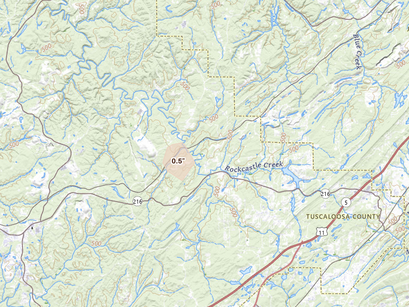 Radar-estimated hail-size map of the storm over Vance, AL on Aug 29, 2026
