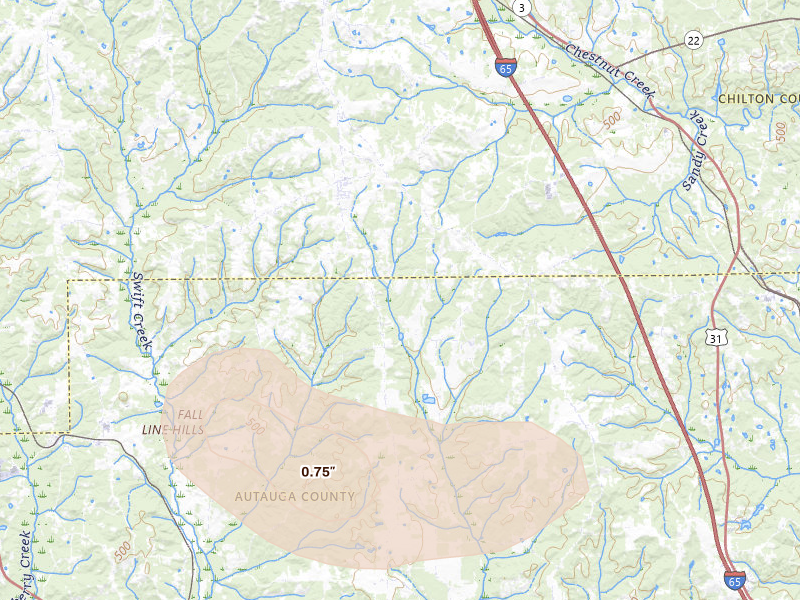 Radar-estimated hail-size map of the storm over Verbena, AL on May 31, 2026