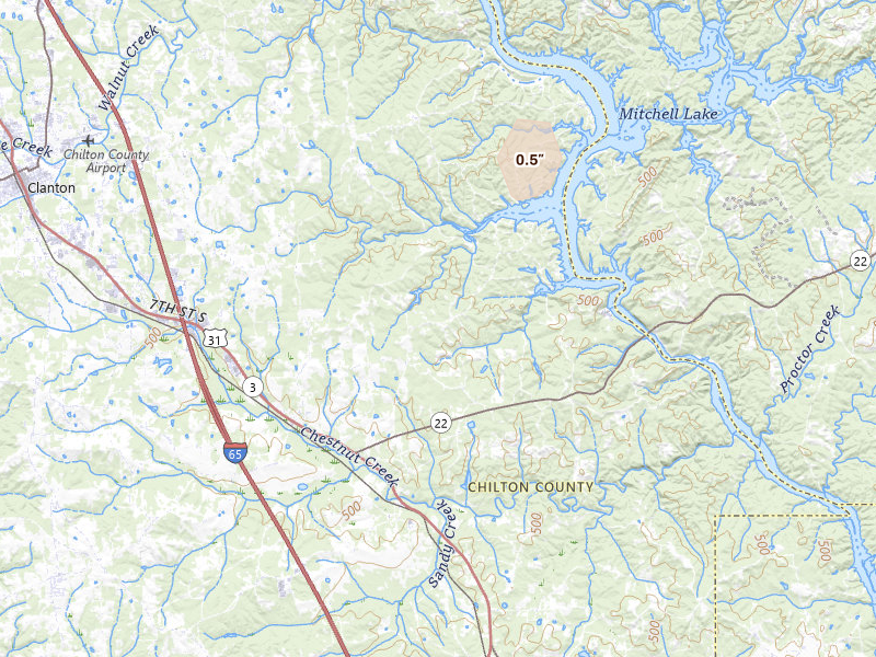 Radar-estimated hail-size map of the storm over Verbena, AL on Jul 6, 2026