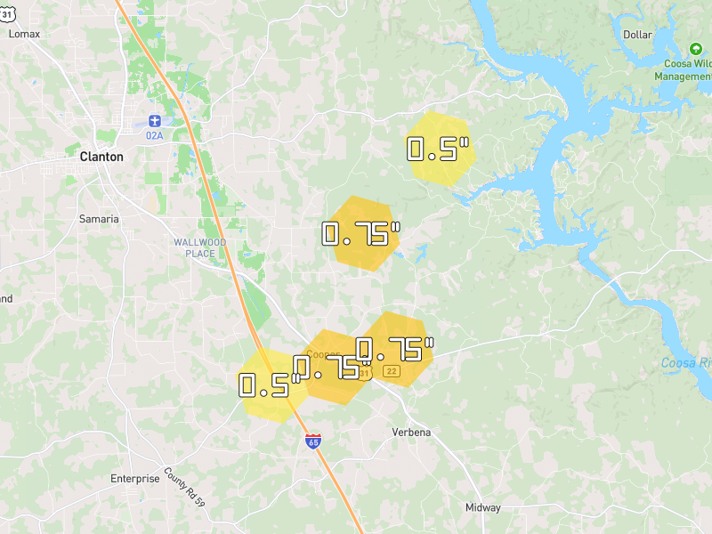 Hail map of Verbena, AL on Jul 6, 2026, hail up to 0.75"