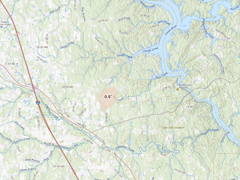 Radar-estimated hail-size map of the storm over Verbena, AL