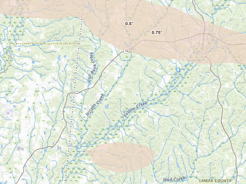 Radar-estimated hail-size map of the storm over Vernon, AL on Apr 28, 2026