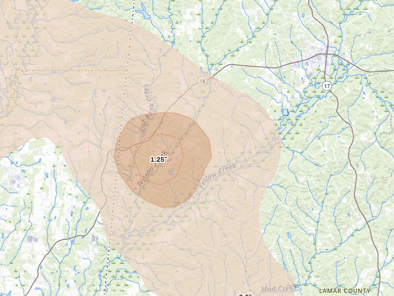 Radar-estimated hail-size map of the storm over Vernon, AL on Jun 1, 2026