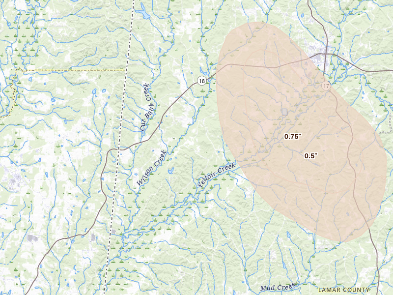 Radar-estimated hail-size map of the storm over Vernon, AL on Jul 1, 2026