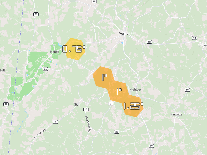 Hail map of Vernon, AL on Jul 1, 2026, hail up to 1.25"