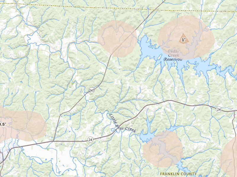 Radar-estimated hail-size map of the storm over Vina, AL on Apr 28, 2026