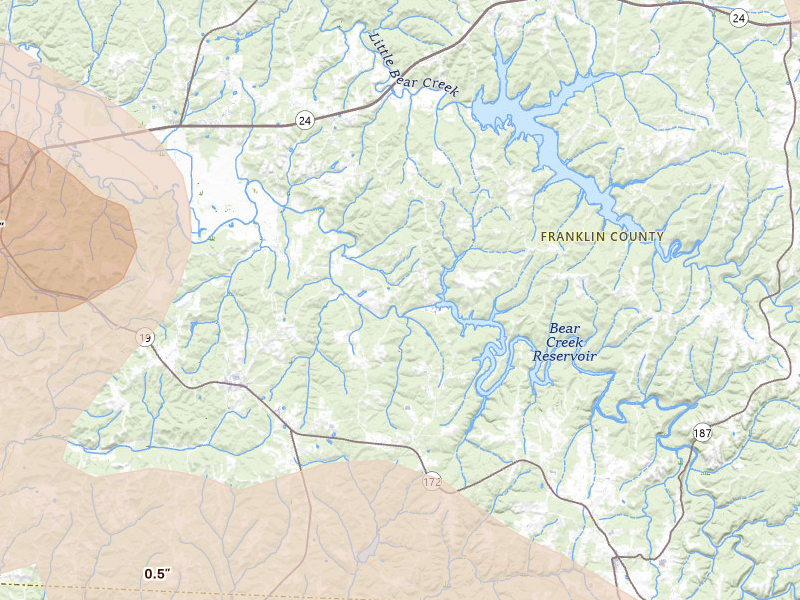 Radar-estimated hail-size map of the storm over Vina, AL on Jul 1, 2026