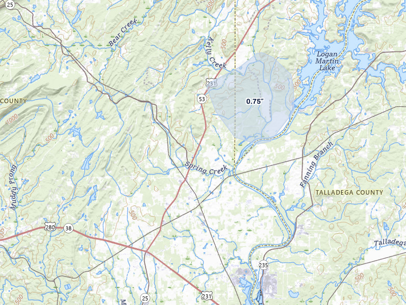 NEXRAD radar-signature map of the hail storm over Vincent, AL on Jul 25, 2026