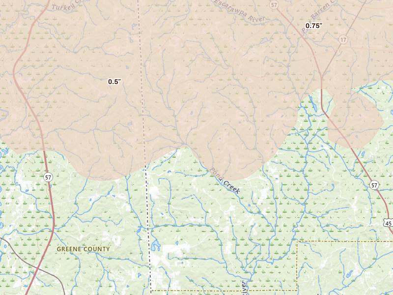 Radar-estimated hail-size map of the storm over Vinegar Bend, AL on May 6, 2026