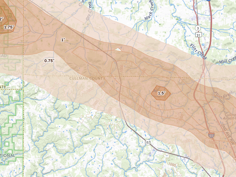 Radar-estimated hail-size map of the storm over Vinemont, AL on Feb 26, 2026