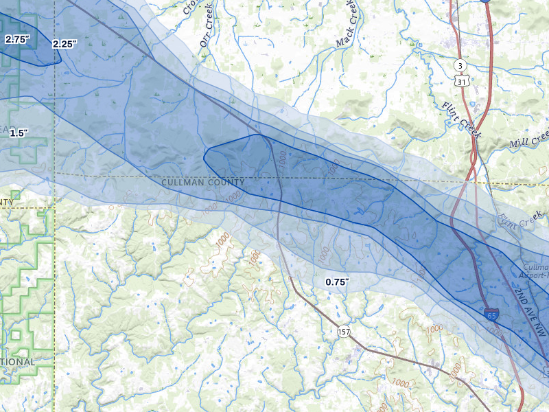 NEXRAD radar-signature map of the hail over Vinemont, AL