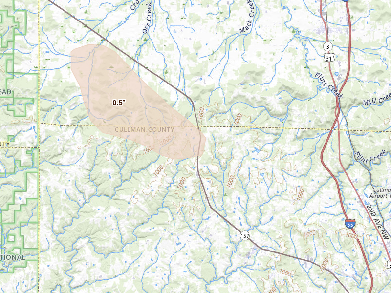 Radar-estimated hail-size map of the storm over Vinemont, AL on Jun 1, 2026