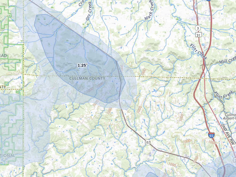 NEXRAD radar-signature map of the hail storm over Vinemont, AL on Jun 1, 2026