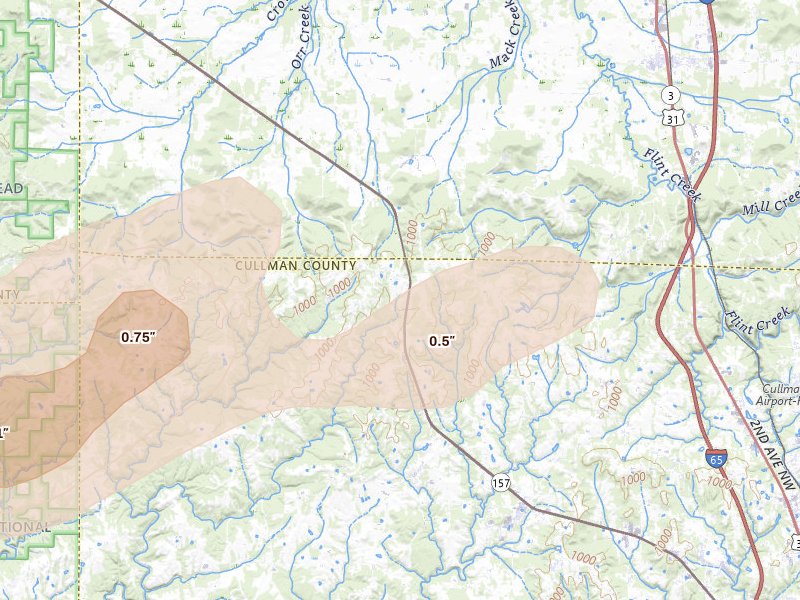 Radar-estimated hail-size map of the storm over Vinemont, AL on Jul 1, 2026