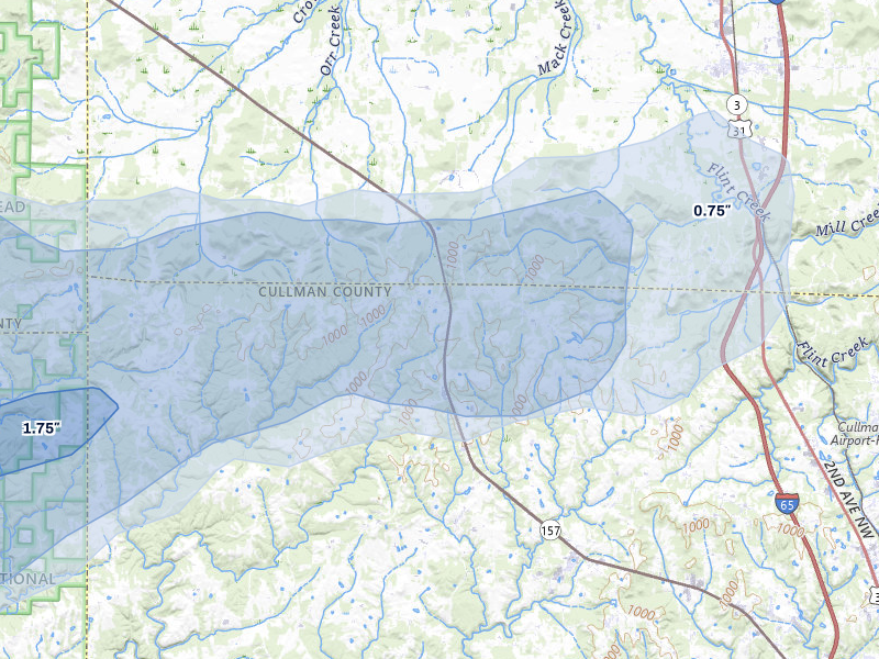 NEXRAD radar-signature map of the hail storm over Vinemont, AL on Jul 1, 2026