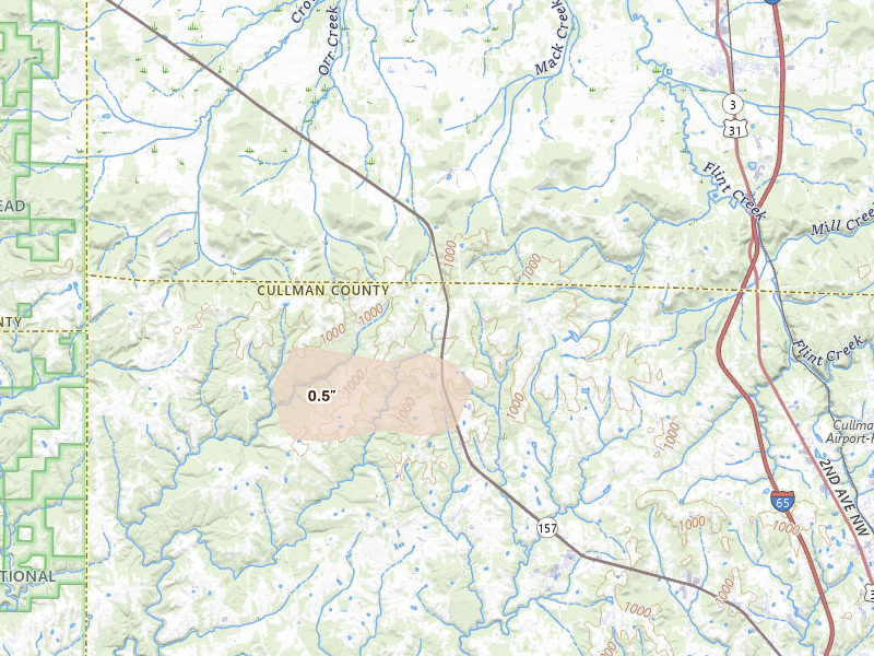 Radar-estimated hail-size map of the storm over Vinemont, AL on Jul 5, 2026
