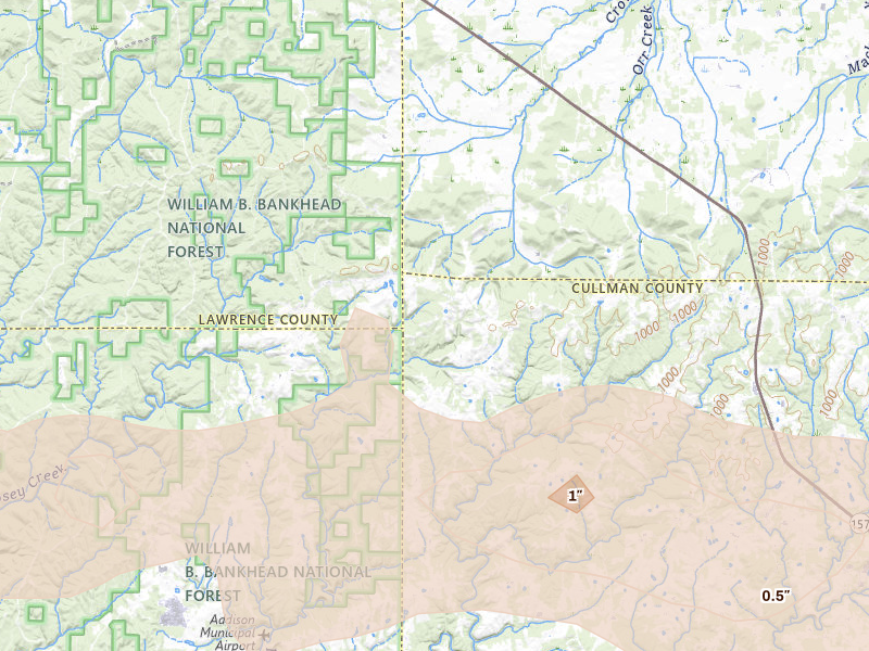 Radar-estimated hail-size map of the storm over Vinemont, AL on Aug 20, 2026