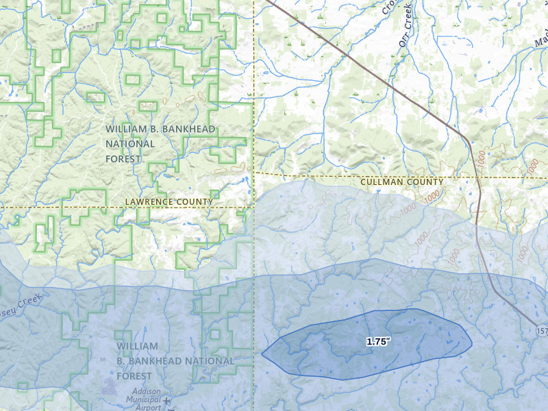 NEXRAD radar-signature map of the hail storm over Vinemont, AL on Aug 20, 2026