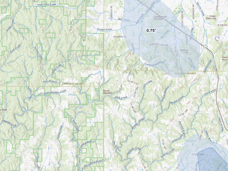 NEXRAD radar-signature map of the hail storm over Vinemont, AL on Aug 26, 2026