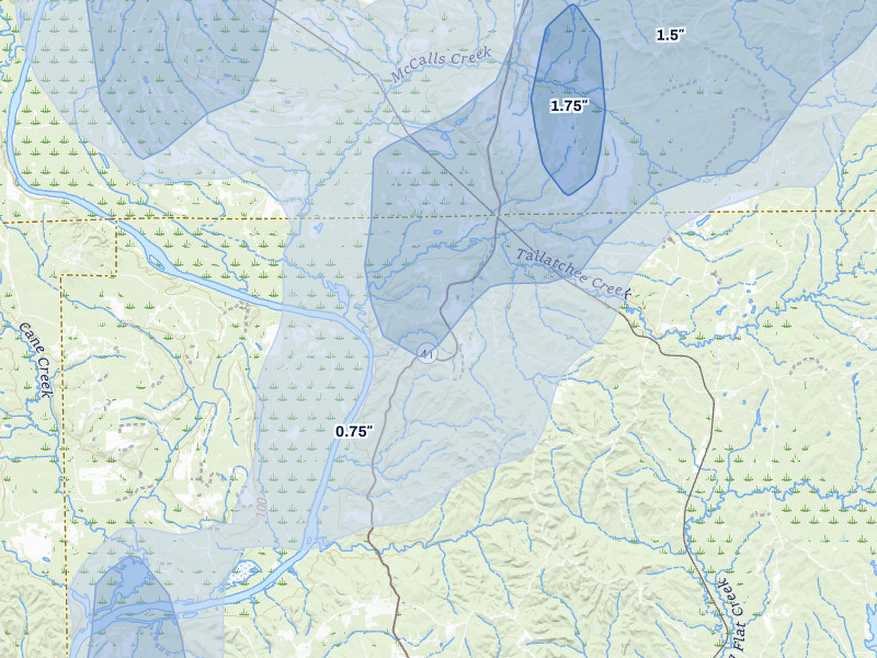 NEXRAD radar-signature map of the hail storm over Vredenburgh, AL on Aug 19, 2026
