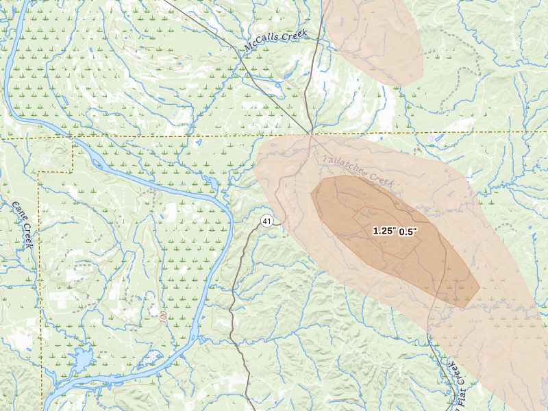 Radar-estimated hail-size map of the storm over Vredenburgh, AL on Aug 24, 2026