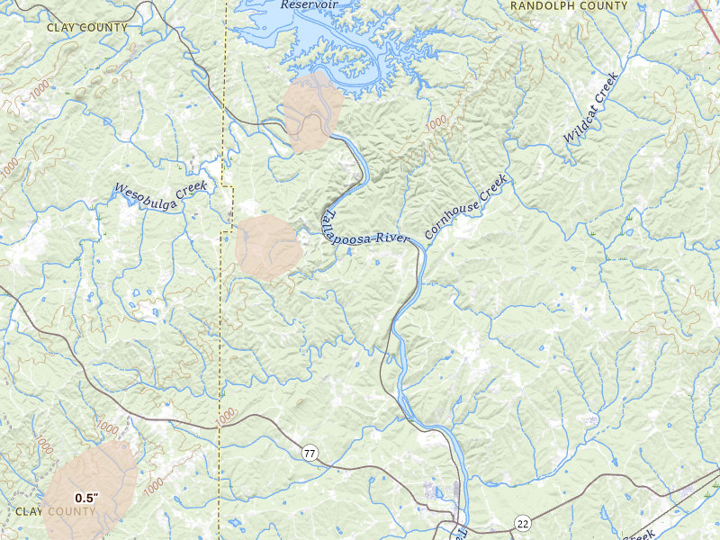 Radar-estimated hail-size map of the storm over Wadley, AL on Jun 9, 2026