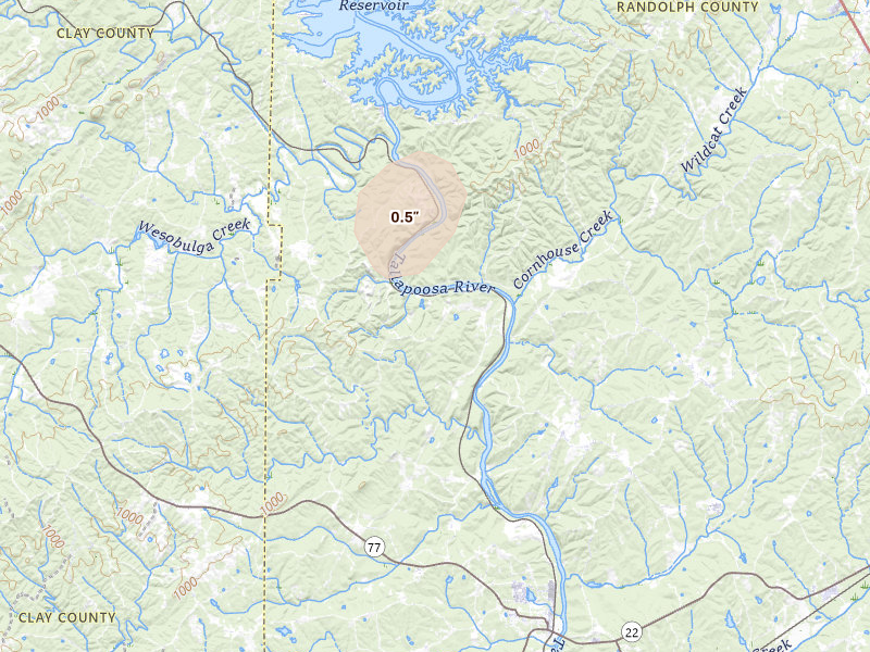 Radar-estimated hail-size map of the storm over Wadley, AL on Jul 18, 2026