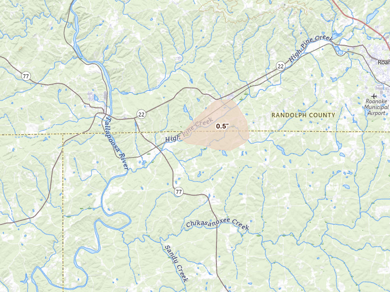 Radar-estimated hail-size map of the storm over Wadley, AL on Aug 13, 2026