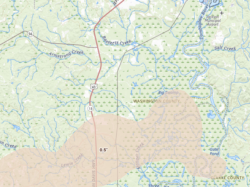 Radar-estimated hail-size map of the storm over Wagarville, AL on May 6, 2026