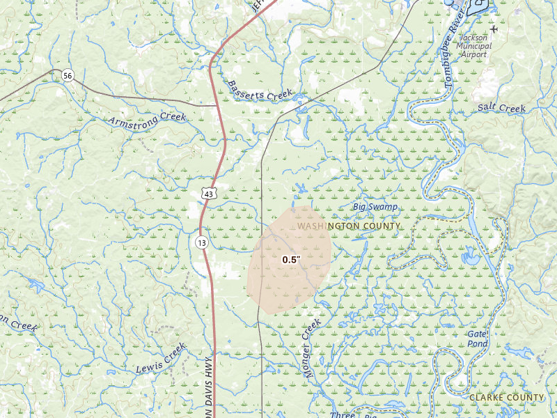 Radar-estimated hail-size map of the storm over Wagarville, AL on Jul 5, 2026