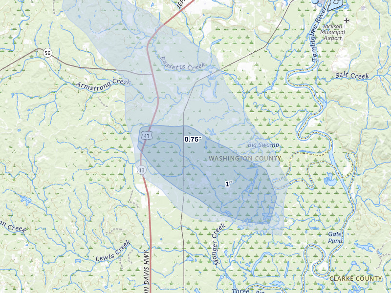 NEXRAD radar-signature map of the hail storm over Wagarville, AL on Jul 5, 2026