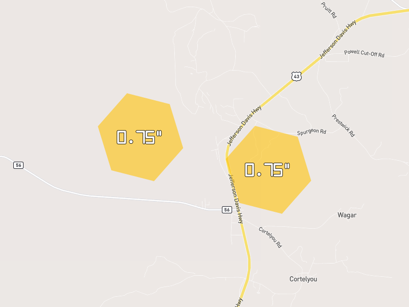 Hail map of Wagarville, AL on Jul 5, 2026, hail up to 0.75"