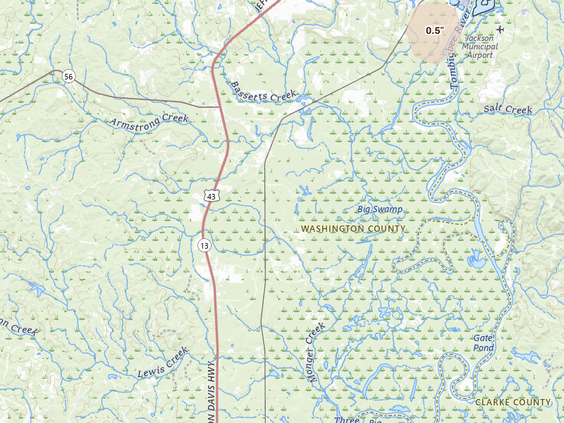 Radar-estimated hail-size map of the storm over Wagarville, AL on Jul 30, 2026