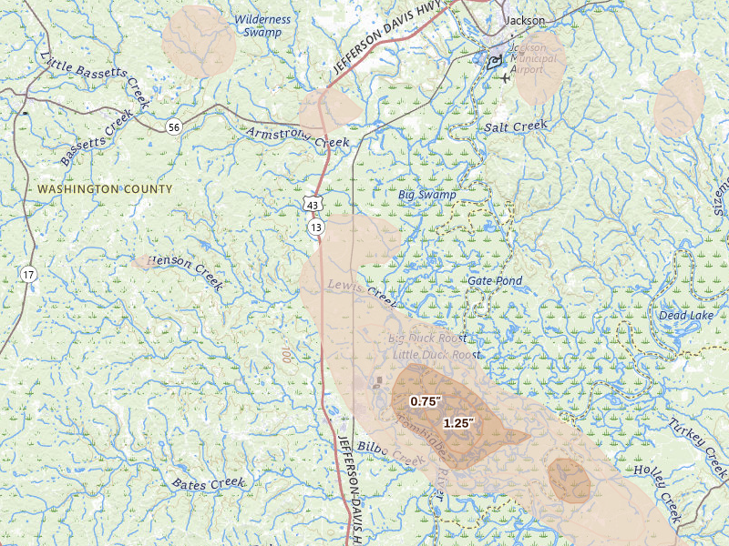 Radar-estimated hail-size map of the storm over Wagarville, AL on Aug 21, 2026