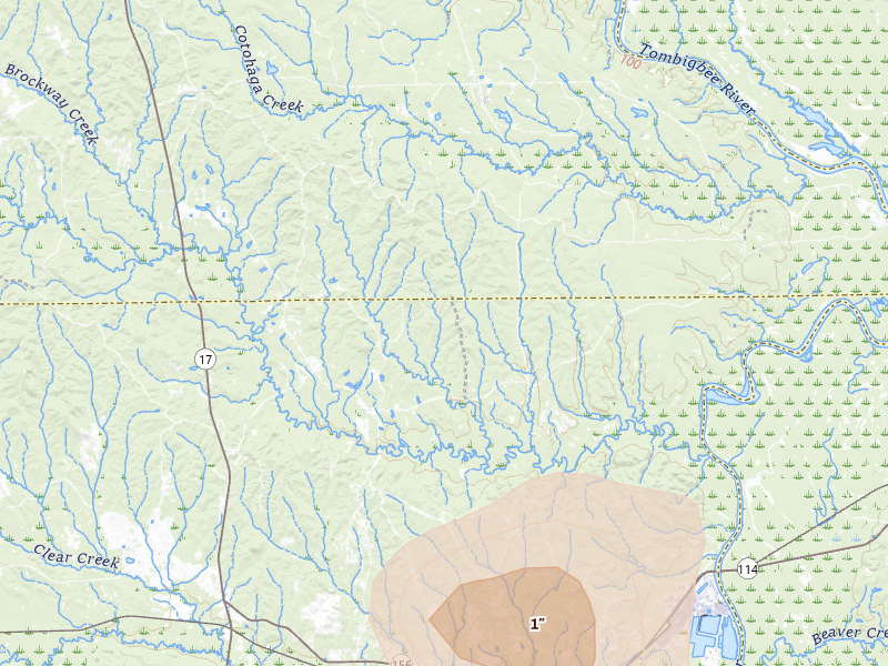 Radar-estimated hail-size map of the storm over Ward, AL on Jun 1, 2026