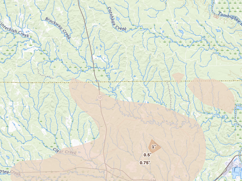 Radar-estimated hail-size map of the storm over Ward, AL on Aug 21, 2026