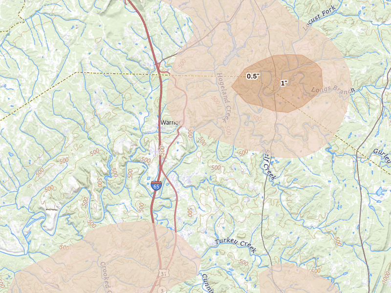Radar-estimated hail-size map of the storm over Warrior, AL on Jul 1, 2026